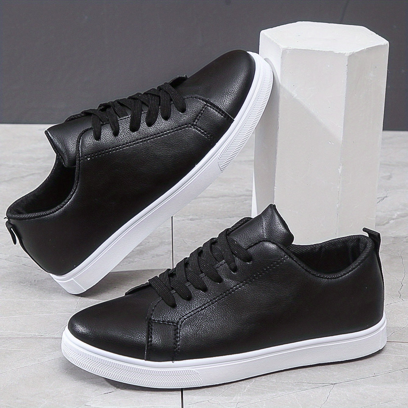 Men's Lace-up Sneakers, PU Leather Skate Shoes With Good Traction, Breathable