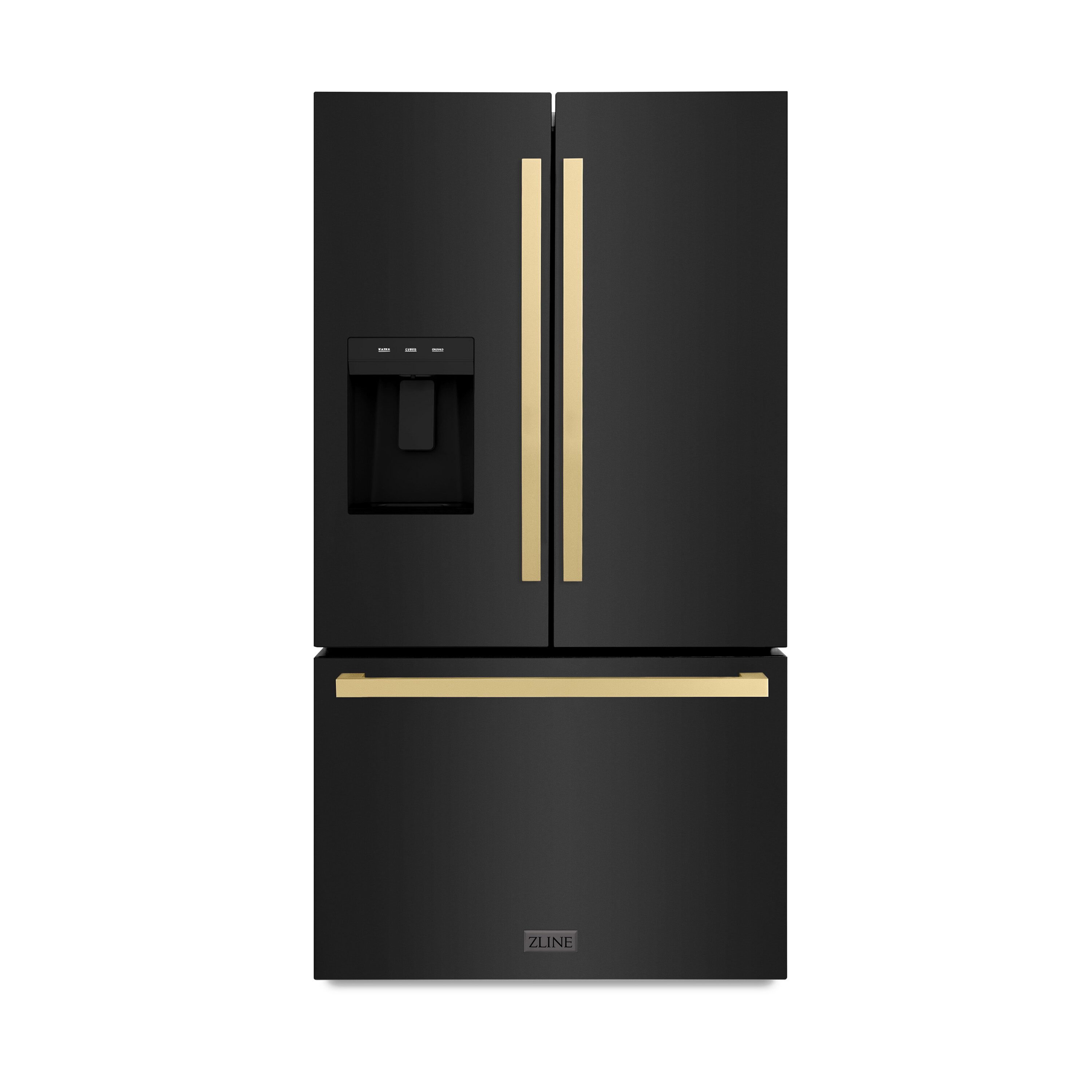 ZLINE KITCHEN & BATH Standard-Depth 28.9-cu ft 3 -Door French Door Refrigerator with Ice Maker with Water and Ice Dispenser ( Black Stainless Steel with Flat Champagne Bronze Handles ) ENERGY STAR Certified