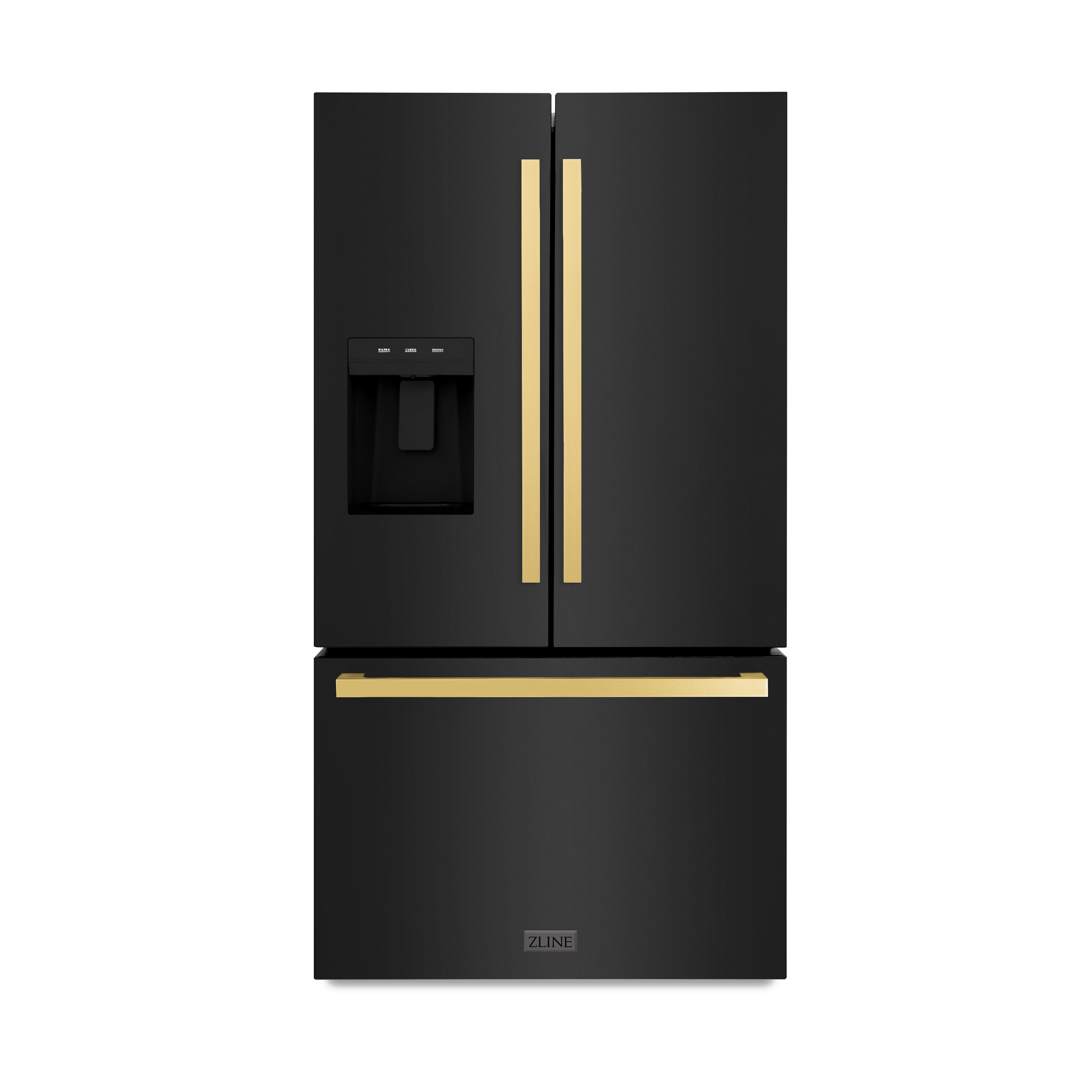 ZLINE KITCHEN & BATH Standard-Depth 28.9-cu ft 3 -Door French Door Refrigerator with Ice Maker with Water and Ice Dispenser ( Black Stainless Steel with Flat Polished Gold Handle ) ENERGY STAR Certified